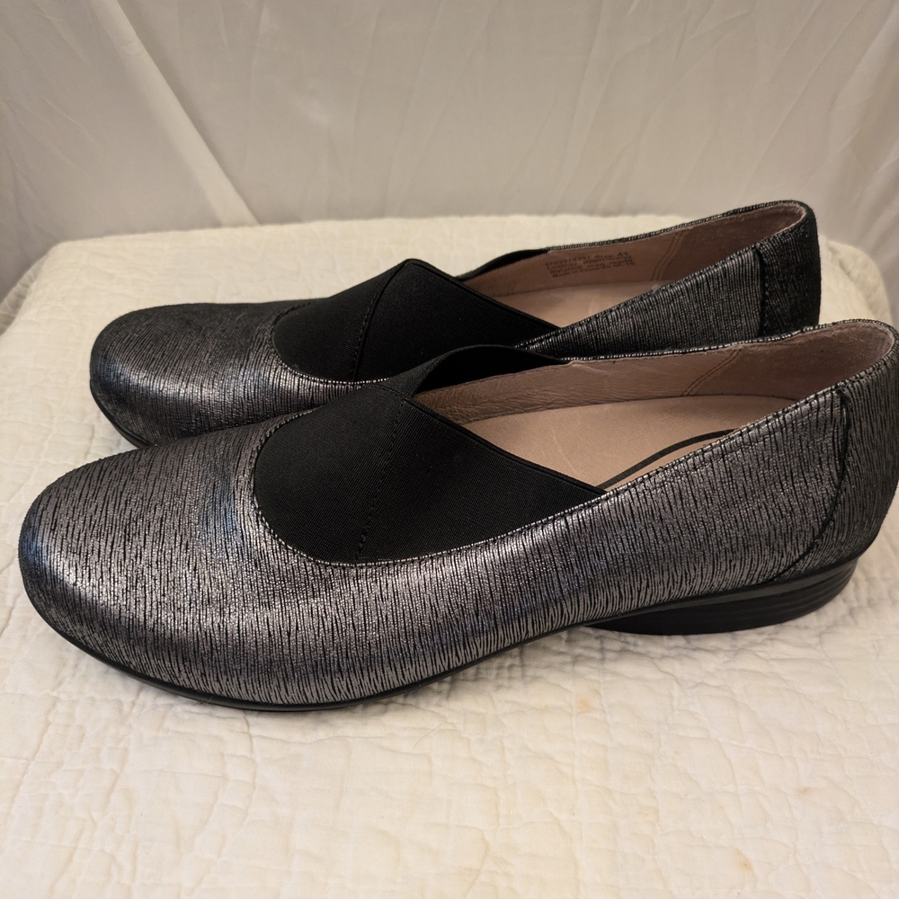 Dansko Metallic Silver Black Slip-On Flats